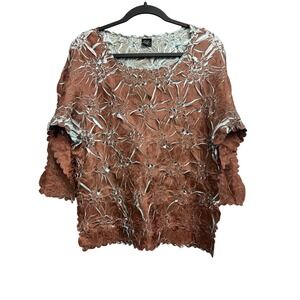 Origami Magic Scarf Popcorn Top Brown Blue Textured Crinkle Stretch XL-3X